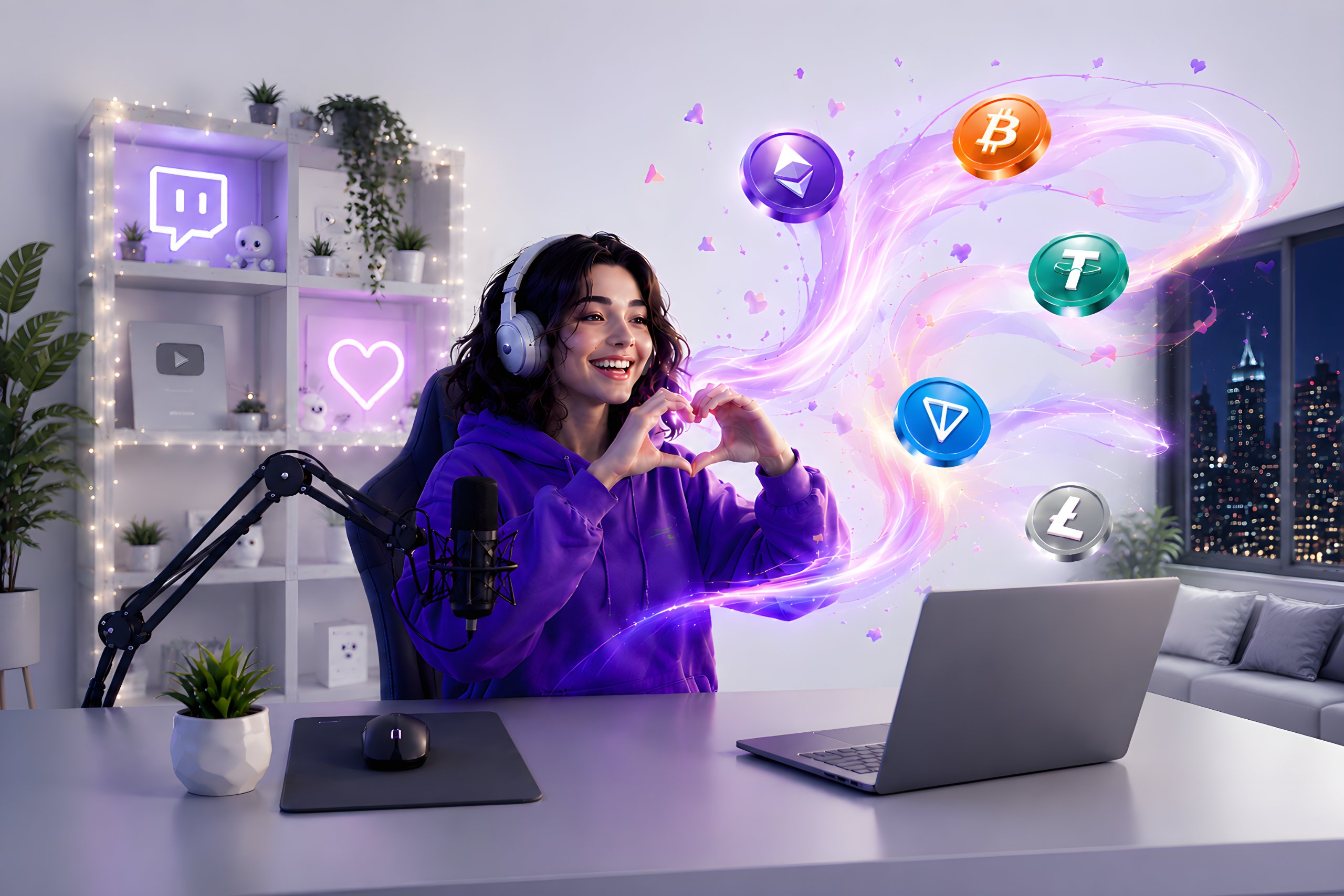 A streamer blows a heart to her viewers while coins fly towards her